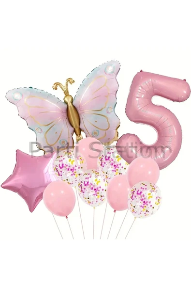Macaron Kelebek 5 Yaş Balon Set Gökkuşağı Macaron Kelebek Konsept Doğum Günü Balon Set ürün görseli 1