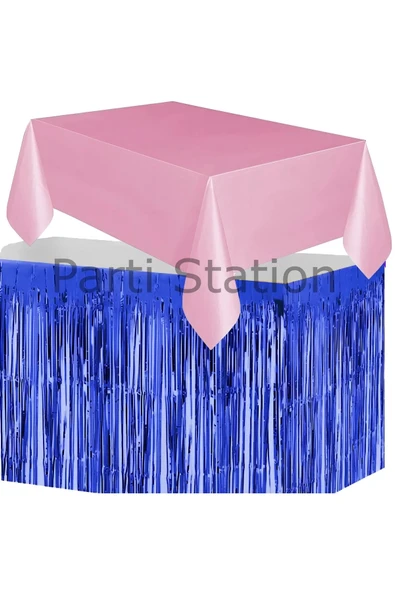 Masa Örtüsü ve Masa Eteği Set Plastik Pembe Renk Masa Örtüsü Lacivert Renk Metalize Masa Eteği Set ürün görseli 1