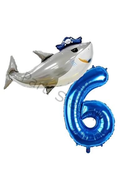 Korsan Köpek Balığı ve 6 Yaş Balon Set Korsan Shark Konsept Doğum Günü Folyo Balon Set ürün görseli 1