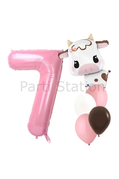 Safari Konsept Sevimli İnek ve Pembe Rakam Balon 7 Yaş Set Safari İnek Konsept Doğum Günü Balon Set ürün görseli 1