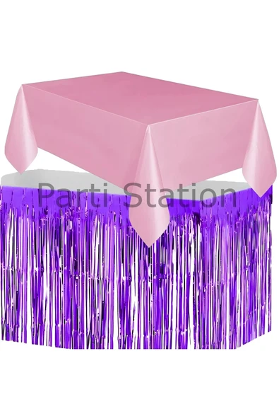 Masa Örtüsü ve Masa Eteği Set Plastik Pembe Renk Masa Örtüsü Mor Renk Metalize Masa Eteği Set ürün görseli 1