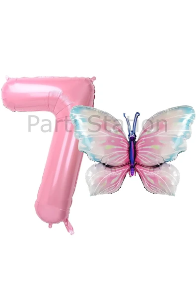Pembe Kelebek ve Pembe Rakam Balon 7 Yaş Balon Set Kelebek Konsept Doğum Günü Folyo Balon Set ürün görseli 1