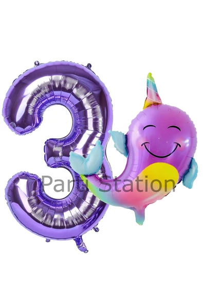 Unicorn Balina Balon 3 Yaş Set Okyanus Konsept Unicorn Yunus Balığı ve Mor Rakam Balon Set ürün görseli 1