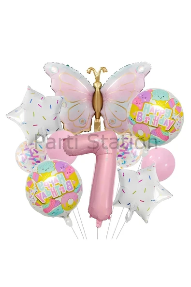 Kelebek 7 Yaş Balon Set Gökkuşağı Kelebek Konsept Doğum Günü Balon Set ürün görseli 1