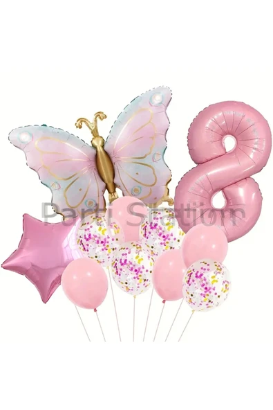 Macaron Kelebek 8 Yaş Balon Set Gökkuşağı Macaron Kelebek Konsept Doğum Günü Balon Set ürün görseli 1