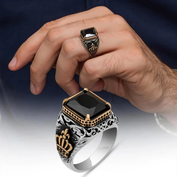 Siyah Taşlı Kral Tacı Motifli 925 Gümüş Yüzük ürün görseli 1