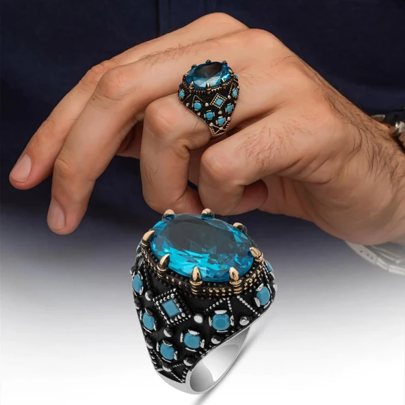 Oval Aqua Mavi Taşlı 925 Gümüş Erkek Yüzük ürün görseli 1