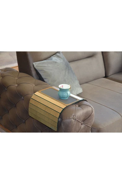 ARKITEKT EX Ahşap Katlanır Portatif Yan Sehpa Kaydırmaz Deri Yüzeyli Xl 50cmx27.8cm Meşe Renk Orta Gri Deri ürün görseli 1