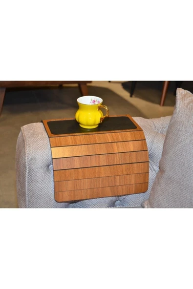 ARKITEKT EX Koyu Ceviz Ahşap Katlanır Kaydırmaz Deri Yüzeyli  Portatif Yan Sehpa  50 cm x 27.8 cm ürün görseli 1