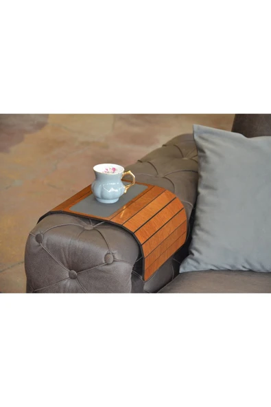 ARKITEKT EX Ceviz Renk Orta Gri Deri Ahşap Katlanır Portatif Yan Sehpa Kaydırmaz Deri Yüzeyli Xl 50cmx27.8cm ürün görseli 1
