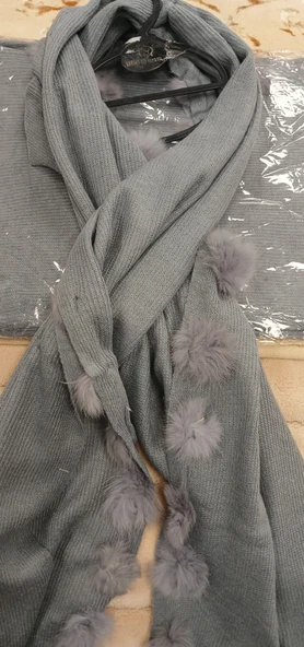 Angora Ponponlu Şal 60x180 -  Gri - Resim 2