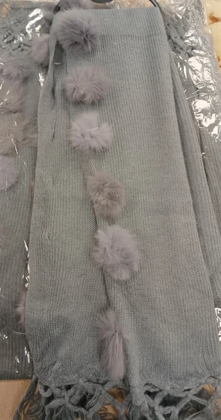 Angora Ponponlu Şal 60x180 -  Gri - Resim 3
