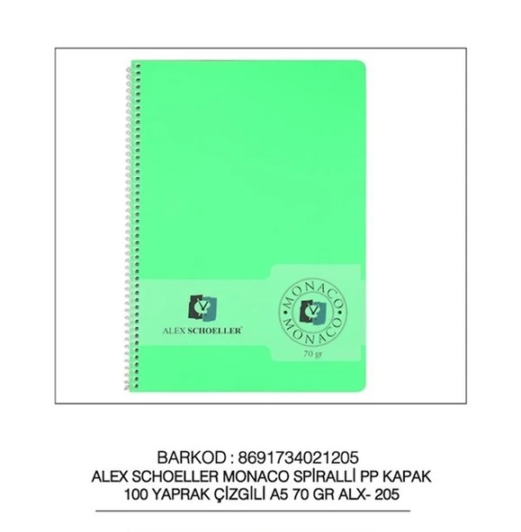 Alex Schoeller PP Kapak Spiralli Defter 70 gr A5 100 yp Çizgili ürün görseli 1