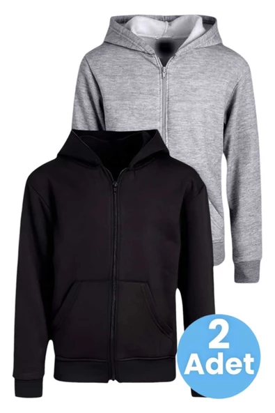 Çocuk Unisex Pamuklu Kapüşonlu Fermuarlı Sweatshirt 2'li Set ürün görseli 1