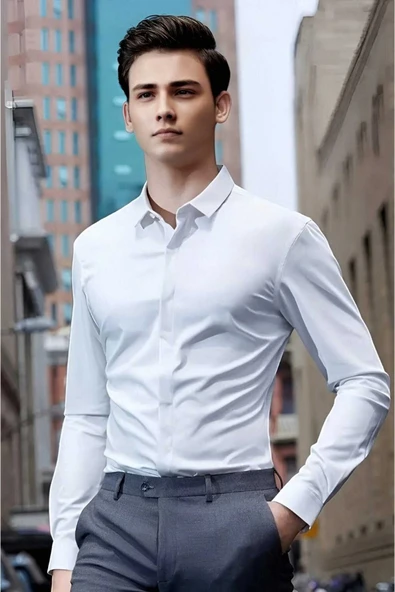 Slim Fit Kravatlık Uzun Kol Kolay Ütü Nefes Alan Dört Mevsim Slim Fit Erkek Gömlek ürün görseli 1