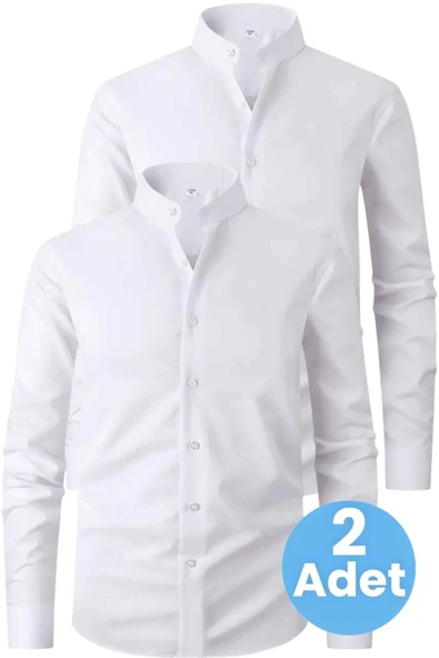 2'li  Hakim Yaka  Slim Fit  Nefes Alan Kolay Ütülenen Dört Mevsim Erkek Gömlek ürün görseli 1