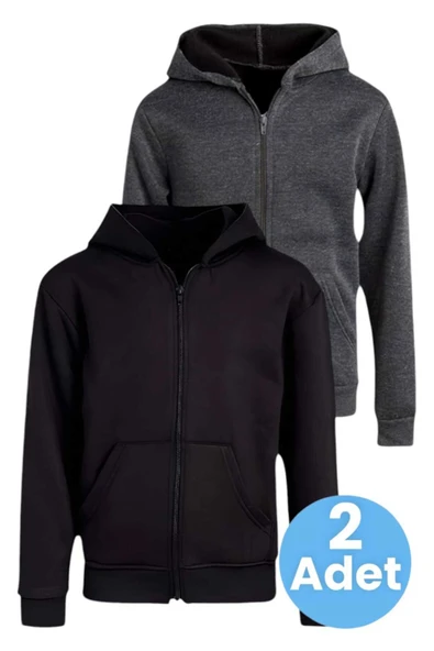 Çocuk Unisex Pamuklu Kapüşonlu Fermuarlı Sweatshirt 2'li Set ürün görseli 1