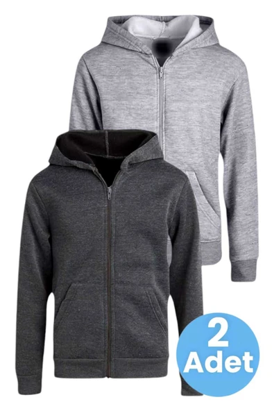 Çocuk Unisex Pamuklu Kapüşonlu Fermuarlı Sweatshirt 2'li Set ürün görseli 1