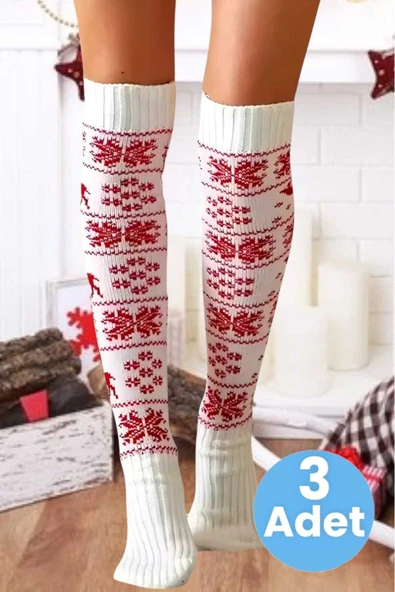 Kadın Yeni Yıl Temalı Kar Tanesi Desenli Diz Üstü Çorap 3'lü Set ürün görseli 1