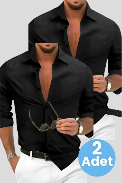 Slim Fit Kravatlık Uzun Kol Kolay Ütü Nefes Alan Dört Mevsim Slim Fit Erkek Gömlek 2'li Set ürün görseli 1