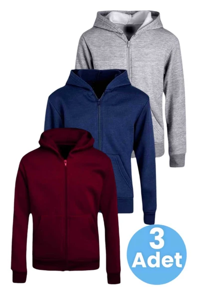 Çocuk Unisex Pamuklu Kapüşonlu Fermuarlı Sweatshirt 3'lü Set ürün görseli 1