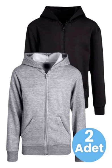 Çocuk Unisex Pamuklu Kapüşonlu Fermuarlı Sweatshirt 2'li Set ürün görseli 1