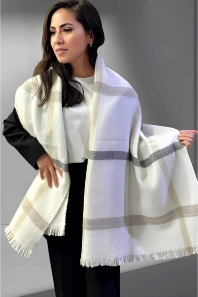 Kadın Yumuşak Dokulu Ekru- Gri Çizgili Omuz Şalı Atkı  ( 70cm x 180cm ) ürün görseli 1