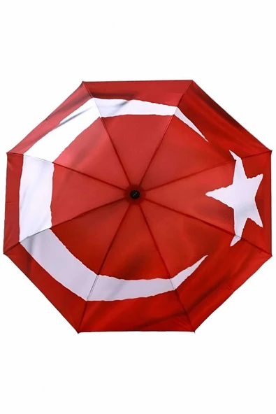 Türk Bayrağı Desenli Canlı Lüx Renkli Baskılı Rüzgara Dayanıklı 8 Telli Katlanabilir Manuel Şemsiye ürün görseli 1