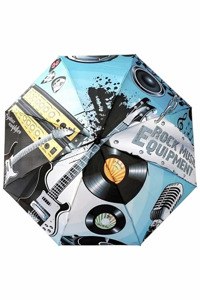 Rock Gitar Desenli Canlı Lüx Renkli Baskılı Rüzgara Dayanıklı 8 Telli Katlanabilir Manuel Şemsiye ürün görseli 1