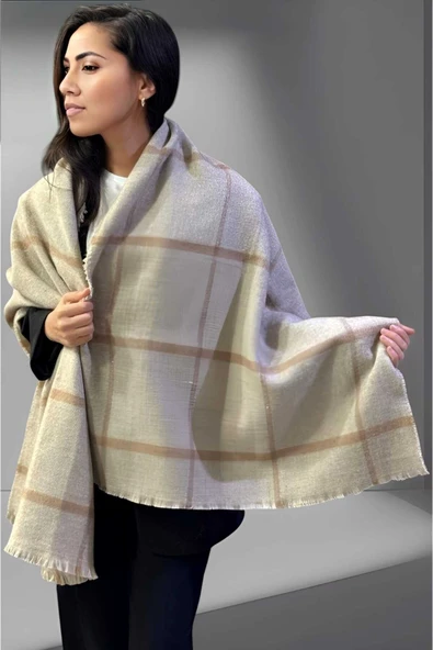 Kadın Geniş Çizgili Ekose Desenli Yumaşak Dokulu Omuz Şalı Atkı  ( 70cm x 180cm ) ürün görseli 1