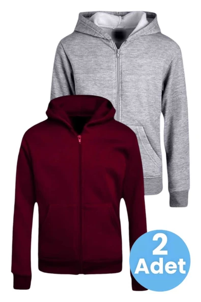 Çocuk Unisex Pamuklu Kapüşonlu Fermuarlı Sweatshirt 2'li Set ürün görseli 1