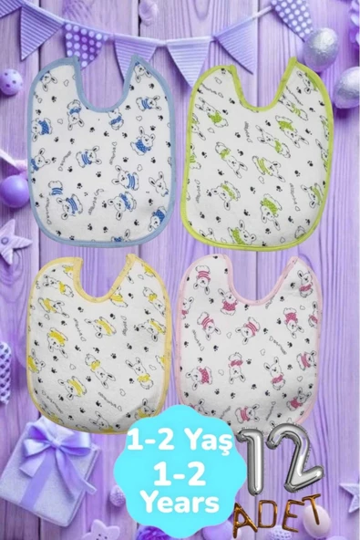 Bebek % 100 Cotton Arkası Muşambalı Su Geçirmez Renkli Mama Önlüğü 12'li Set 1-2 Yaş ürün görseli 1