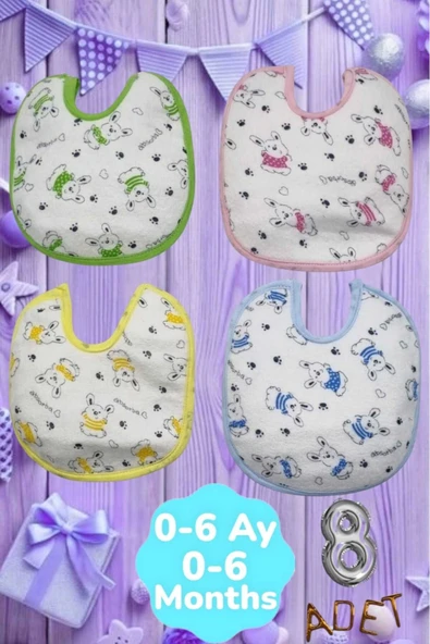 Bebek % 100 Cotton Arkası Muşambalı Su Geçirmez Renkli Mama Önlüğü 8'li Set 0-6 Ay ürün görseli 1