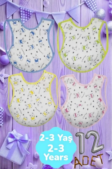 Bebek % 100 Cotton Arkası Muşambalı Su Geçirmez Renkli Mama Önlüğü 12'li Set 2-3 Yaş ürün görseli 1