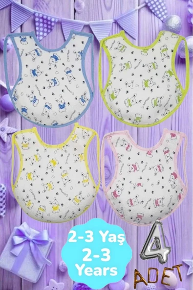 Bebek % 100 Cotton Arkası Muşambalı Su Geçirmez Renkli Mama Önlüğü 4'lü Set 2-3 Yaş ürün görseli 1