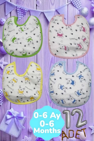 Bebek % 100 Cotton Arkası Muşambalı Su Geçirmez Renkli Mama Önlüğü 12'li Set 0-6 Ay ürün görseli 1
