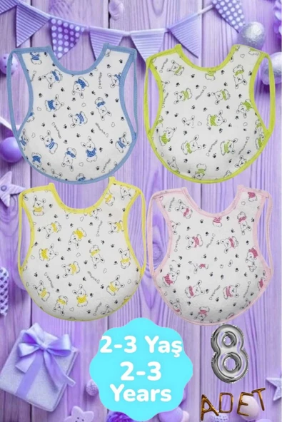 Bebek % 100 Cotton Arkası Muşambalı Su Geçirmez Renkli Mama Önlüğü 8'li Set 2-3 Yaş ürün görseli 1
