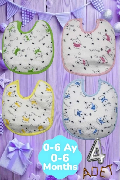 Bebek % 100 Cotton Arkası Muşambalı Su Geçirmez Renkli Mama Önlüğü 4'lü Set 0-6 Ay ürün görseli 1