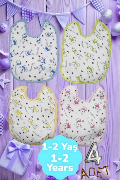 Bebek % 100 Cotton Arkası Muşambalı Su Geçirmez Renkli Mama Önlüğü 4'lü Set 1-2 Yaş ürün görseli 1