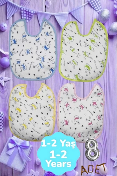 Bebek % 100 Cotton Arkası Muşambalı Su Geçirmez Renkli Mama Önlüğü 8'li Set 1-2 Yaş ürün görseli 1