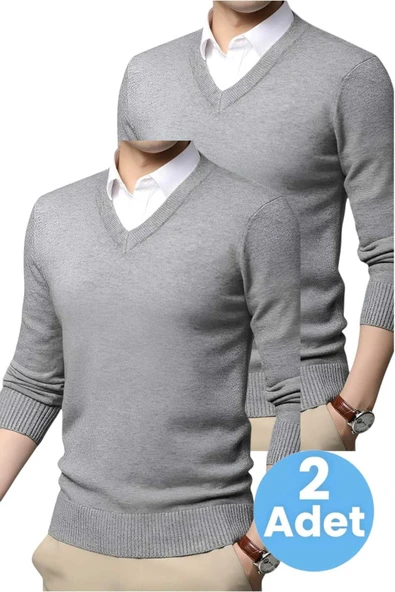 2'li  Erkek V Yaka Uzun Kol Triko Tüylenmez Süveter Erkek Slim Fit Süveter ürün görseli 1