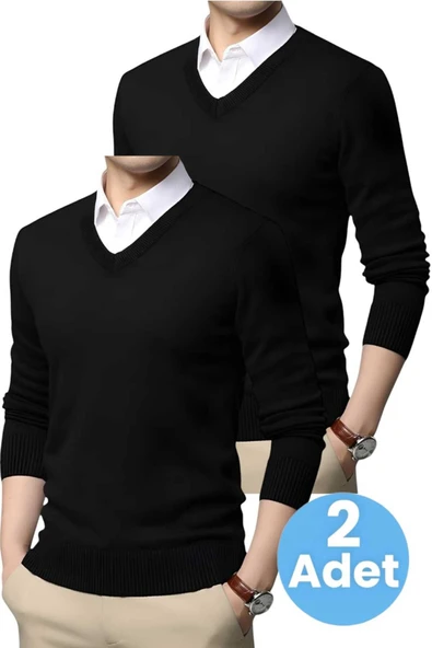 2'li  Erkek V Yaka Uzun Kol Triko Tüylenmez Süveter Erkek Slim Fit Süveter ürün görseli 1