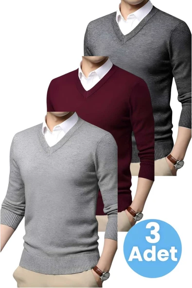 3'lü   Erkek V Yaka Uzun Kol Triko Tüylenmez Süveter Erkek Slim Fit Süveter ürün görseli 1