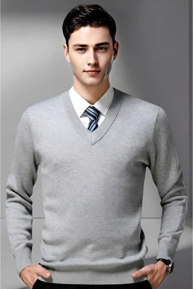 Erkek V Yaka Uzun Kol Triko Tüylenmez Süveter Erkek Slim Fit Süveter ürün görseli 1