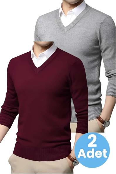 2'li  Erkek V Yaka Uzun Kol Triko Tüylenmez Süveter Erkek Slim Fit Süveter ürün görseli 1