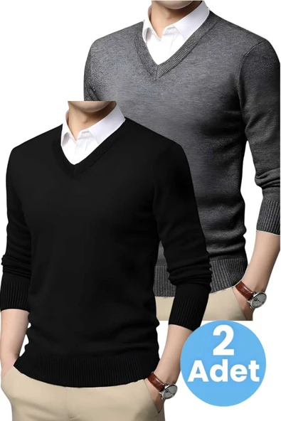 2'li  Erkek V Yaka Uzun Kol Triko Tüylenmez Süveter Erkek Slim Fit Süveter ürün görseli 1