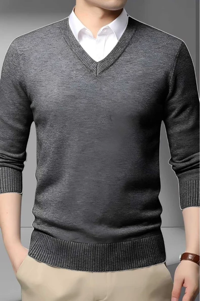 Erkek V Yaka Uzun Kol Triko Tüylenmez Süveter Erkek Slim Fit Süveter ürün görseli 1