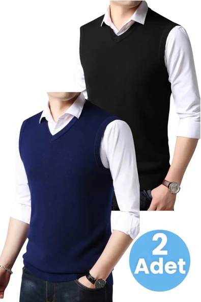 2'li  Erkek V Yaka Triko Tüylenmez Süveter Erkek Slim Fit Süveter ürün görseli 1