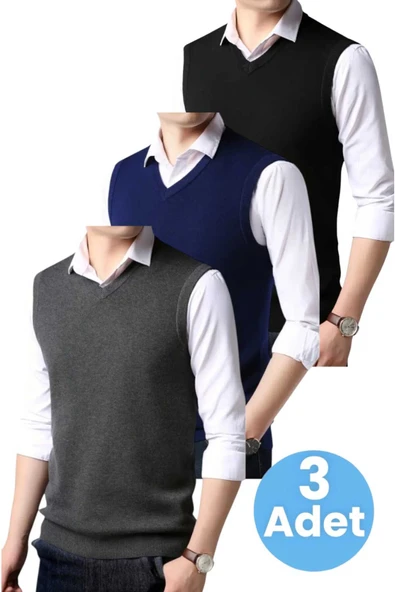 3'lü  Erkek V Yaka Triko Tüylenmez Süveter Erkek Slim Fit Süveter ürün görseli 1
