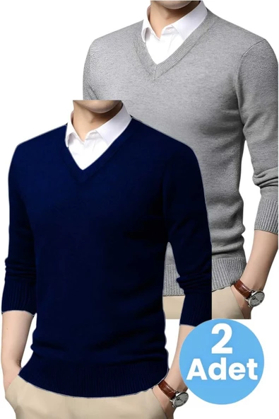 2'li  Erkek V Yaka Uzun Kol Triko Tüylenmez Süveter Erkek Slim Fit Süveter ürün görseli 1